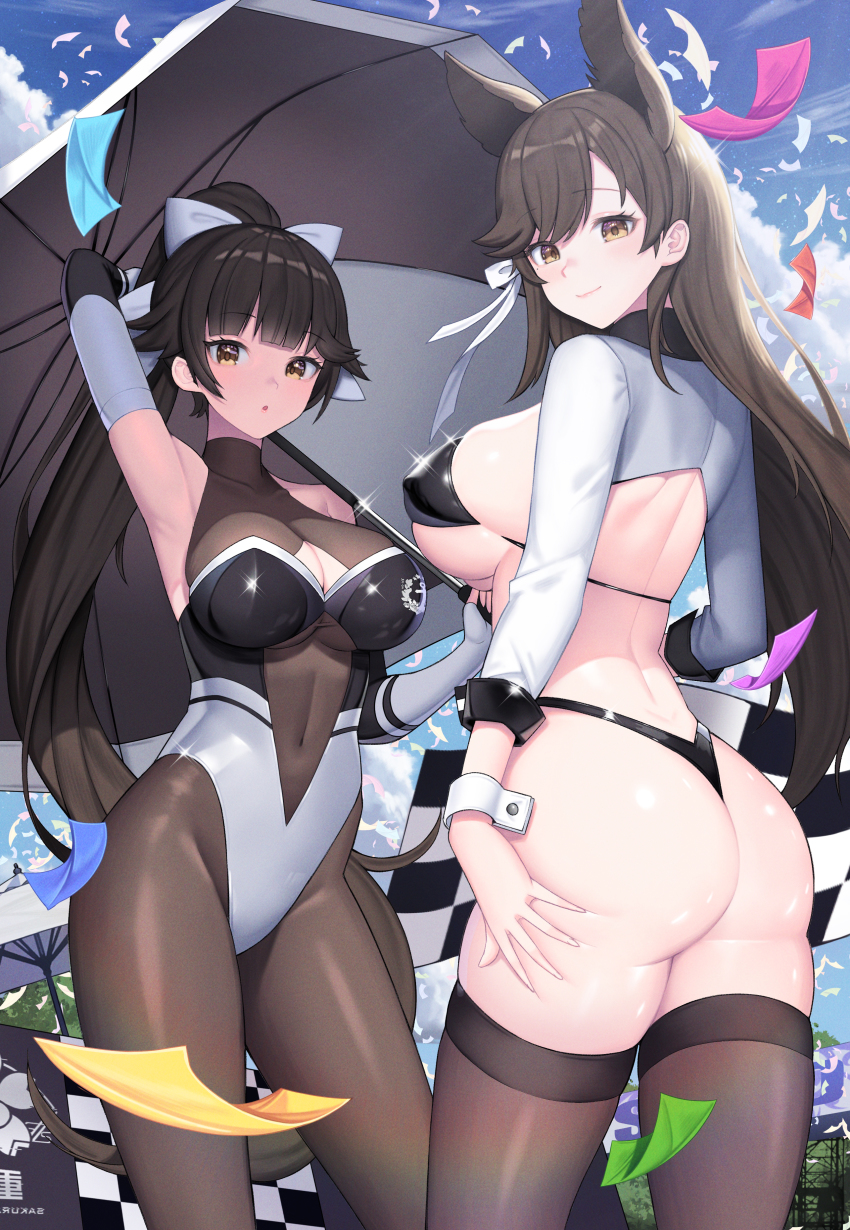 2girls, :o, absurdres, animal_ears, arm_up, armpits, ass, atago_(azur_lane)