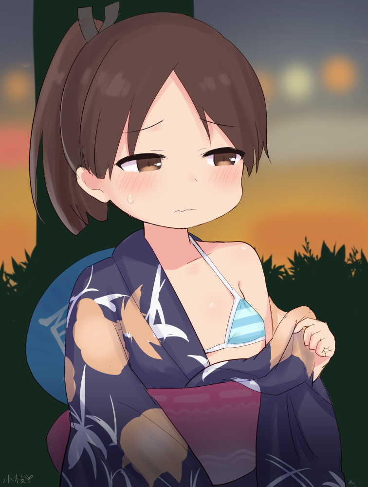 1girl, bikini, brown_eyes, brown_hair, bush, closed_mouth, hair_ribbon, hand_fan, japanese_clothes, kantai_collection, kimono, koeda_(koeda1kg), micro_bikini, obi, open_clothes, paper_fan, ponytail, ribbon, sash, shikinami_(kancolle), shikinami_(yukata)_(kancolle), signature, solo, striped_bikini, striped_clothes, sweat, swimsuit, tree, wavy_mouth, yukata