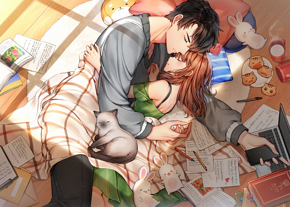 1boy, 1girl, bad_id, bad_pixiv_id, black_hair, blanket, blush, book, brown_hair, rabbit, cat, computer, cookie, day, dress, closed_eyes, food, green_dress, hetero, holding, holding_phone, hug, iji_(u_mayday), indoors, laptop, li_zeyan, long_hair, long_sleeves, love_and_producer, lying, on_side, open_book, paper, pencil, phone, pillow, protagonist_(love_and_producer), sleeping