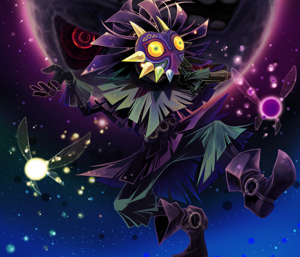 1boy, boots, brown_footwear, brown_gloves, clothing_request, commentary_request, fairy, fairy_wings, floating, full_body, gloves, glowing, glowing_eye, hadhia_qise, hat, looking_at_viewer, male_focus, mask, moon_(zelda), night, nintendo, open_mouth, red_eyes, skull_kid, sky, spikes, star_(sky), starry_sky, tael, tatl, teeth, the_legend_of_zelda, the_legend_of_zelda:_majora's_mask, wings