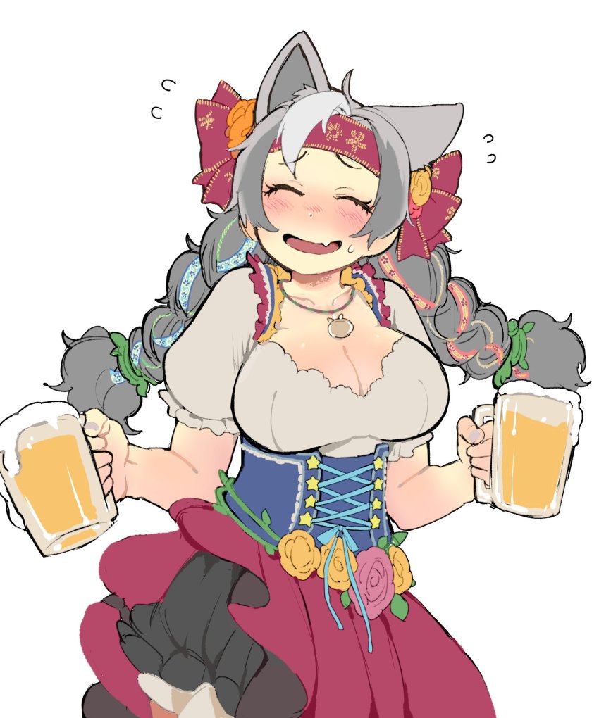 1girl, ^_^, alcohol, animal_ears, bare_arms, bear_ears, bear_girl, beer