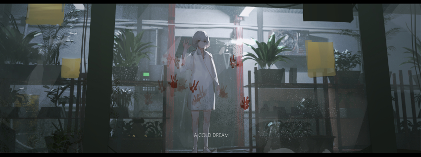 1girl, against_glass, alcxome, barefoot, bloody_handprints, english_text, hand_on_glass, handprint