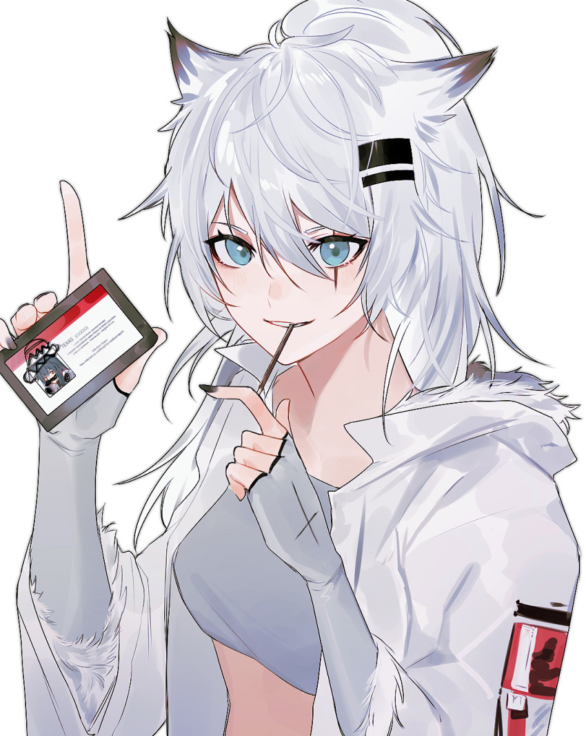 1girl, 3o_c, animal_ears, arknights, black_nails, blue_eyes, breasts, commentary_request, cosplay, crop_top, fur-trimmed_jacket, fur_trim, grin, hair_ornament, hairclip, hands_up, highres, holding, id_card, index_finger_raised, jacket, lappland_(arknights), long_sleeves, medium_breasts, midriff, nail_polish, open_clothes, open_jacket, parted_lips, scar, scar_across_eye, scar_on_face, silver_hair, simple_background, smile, solo, texas_(arknights), texas_(arknights)_(cosplay), upper_body, white_background, white_jacket, wolf_ears
