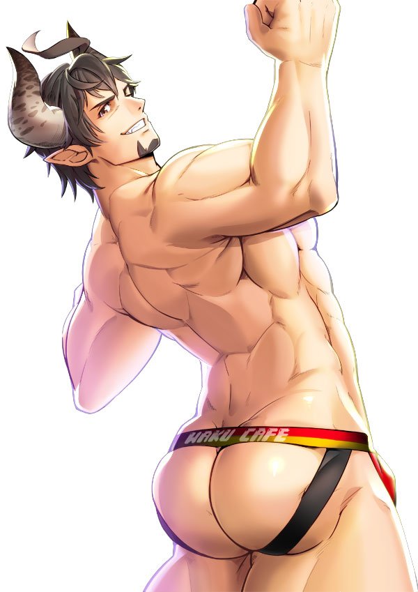 1boy, ass, bara, barawa, brown_eyes, brown_hair, bulge, draph, facial_hair, flexing, goatee, granblue_fantasy, horns, jockstrap, large_pectorals, leaning_back, male_focus, male_underwear, manly, muscular, pectorals, pointy_ears, short_hair, sideburns, smirk, solo, thick_thighs, thighs, topless_male, underwear, waku_(ayamix), white_background