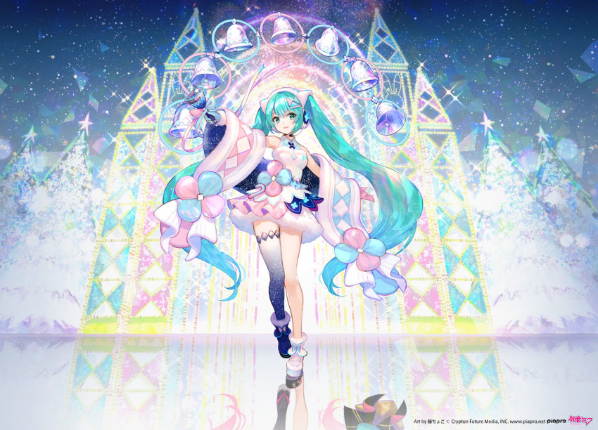 1girl, aqua_eyes, aqua_hair, asymmetrical_footwear, asymmetrical_gloves, asymmetrical_legwear, bare_shoulders, bell, black_thighhighs, blue_gloves, boots, bow, christmas_tree, commentary, detached_sleeves, different_reflection, dress, dress_bow, fluffy, full_body, fur-trimmed_dress, fur_trim, fuzichoco, gloves, hair_ornament, hairclip, hatsune_miku, headset, holding, holding_bell, long_hair, looking_at_viewer, magical_mirai_(vocaloid), magical_mirai_miku, magical_mirai_miku_(2020_winter), mismatched_footwear, mismatched_gloves, night, official_art, open_mouth, outstretched_arms, pink_gloves, reflection, single_thighhigh, sky, sleeveless, sleeveless_dress, smile, solo, standing, star_(sky), starry_sky, thighhighs, twintails, uneven_legwear, very_long_hair, vocaloid, white_dress, wide_shot, winter