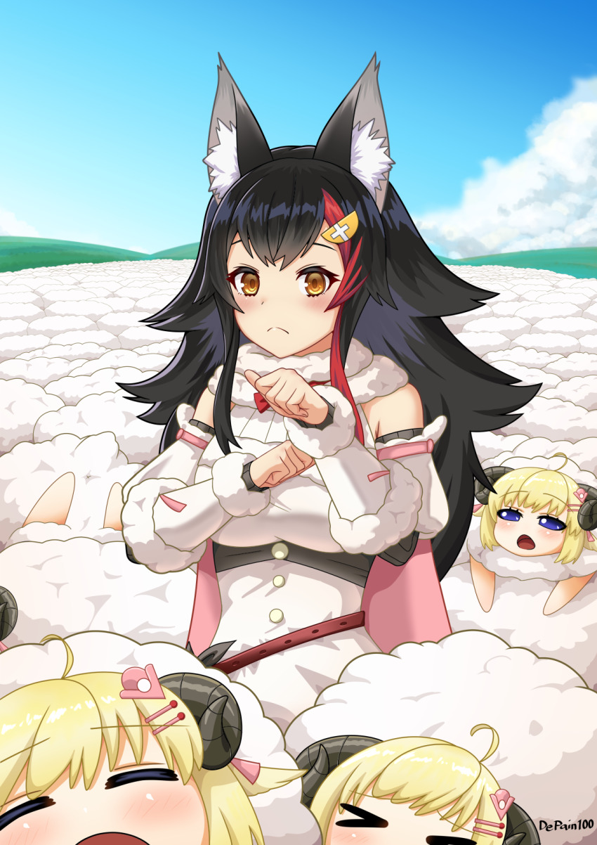 >_<, 6+girls, ahoge, animal_ear_fluff, animal_ears, animalization, artist_name, black_hair