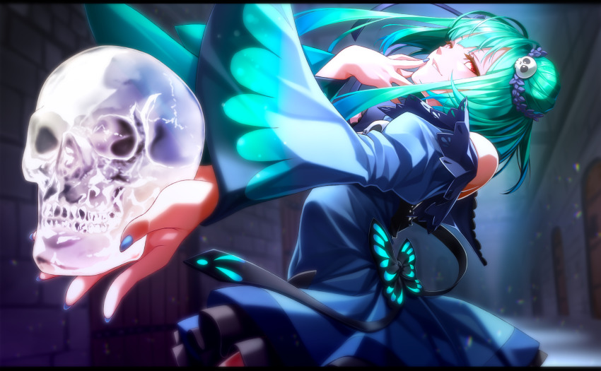 1girl, animal_print, blue_dress, brooch, butterfly_ornament, butterfly_print, crystal_skull, detached_sleeves