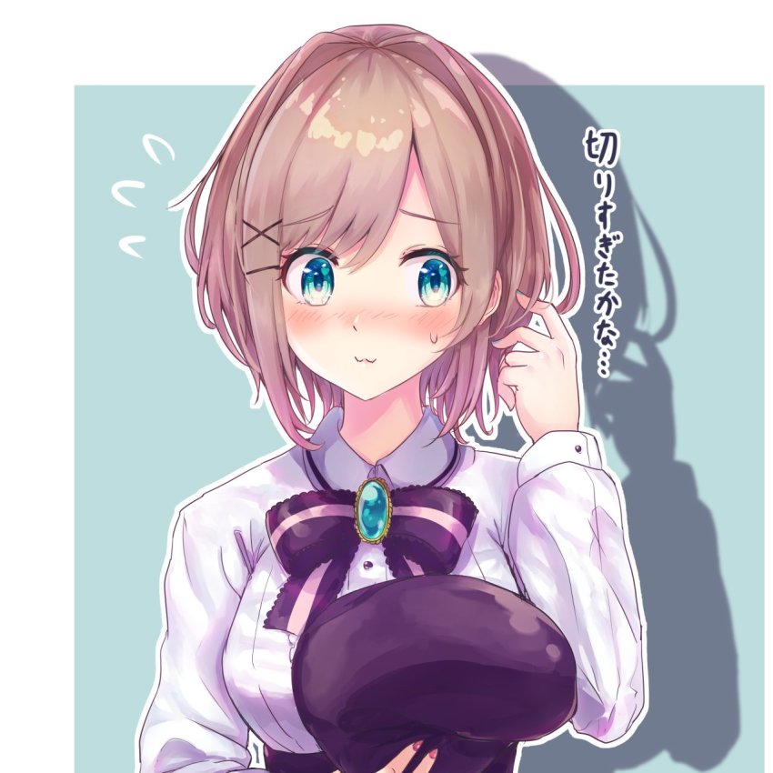 1girl, :3, adjusting_hair, alternate_hair_length, alternate_hairstyle, aqua_bow, aqua_eyes, beret