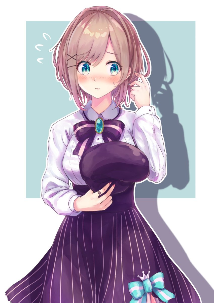 1girl, :3, adjusting_hair, alternate_hair_length, alternate_hairstyle, aqua_bow, aqua_eyes, beret