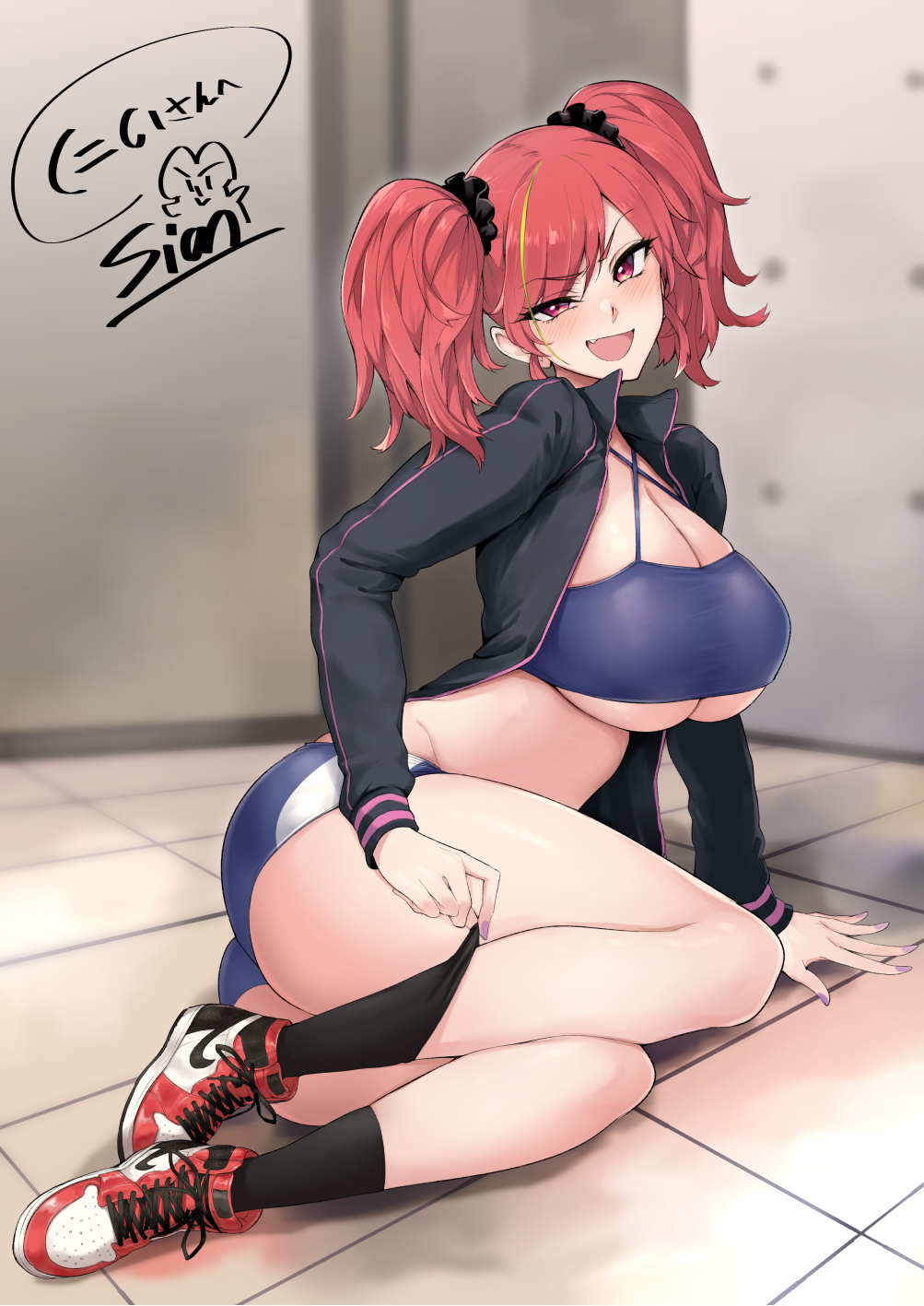 1girl, air_jordan, air_jordan_1, black_jacket, black_legwear, blonde_hair, blush, breasts