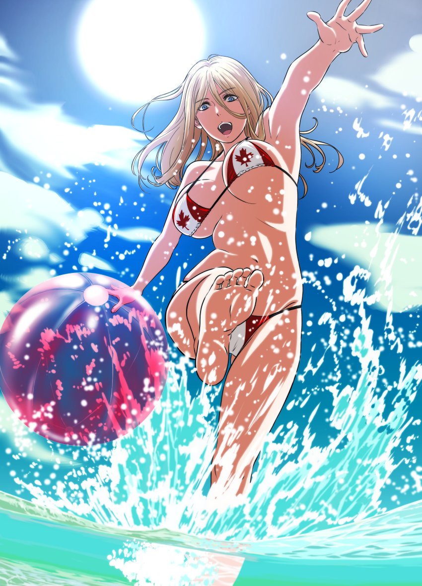 1girl, absurdres, avril_(kakitama), ball, barefoot, beachball, bikini, blonde_hair, blue_eyes, bouncing_breasts, breasts, cameltoe, canadian_flag, canadian_flag_bikini, canadian_flag_print, cleavage, cloud, collarbone, commentary_request, flag_print, flag_print_bikini, full_body, groin, highres, kakitama, kicking, large_breasts, leaf, long_hair, maple_leaf, navel, open_mouth, original, outdoors, print_bikini, round_teeth, sky, solo, splashing, standing, sun, swimsuit, teeth, wading, water