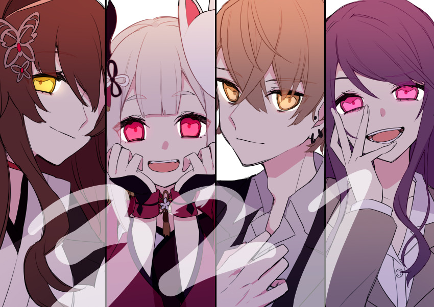 1boy, 3girls, :d, absurdres, black_jacket, brown_eyes, brown_hair, butterfly_hair_ornament