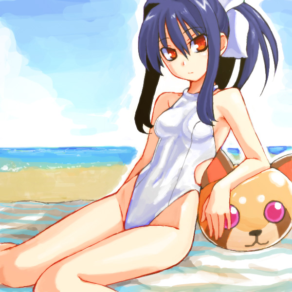 ball, beach, beachball, blue_hair, day, highleg, highleg_one-piece_swimsuit, hikabe_sakuho