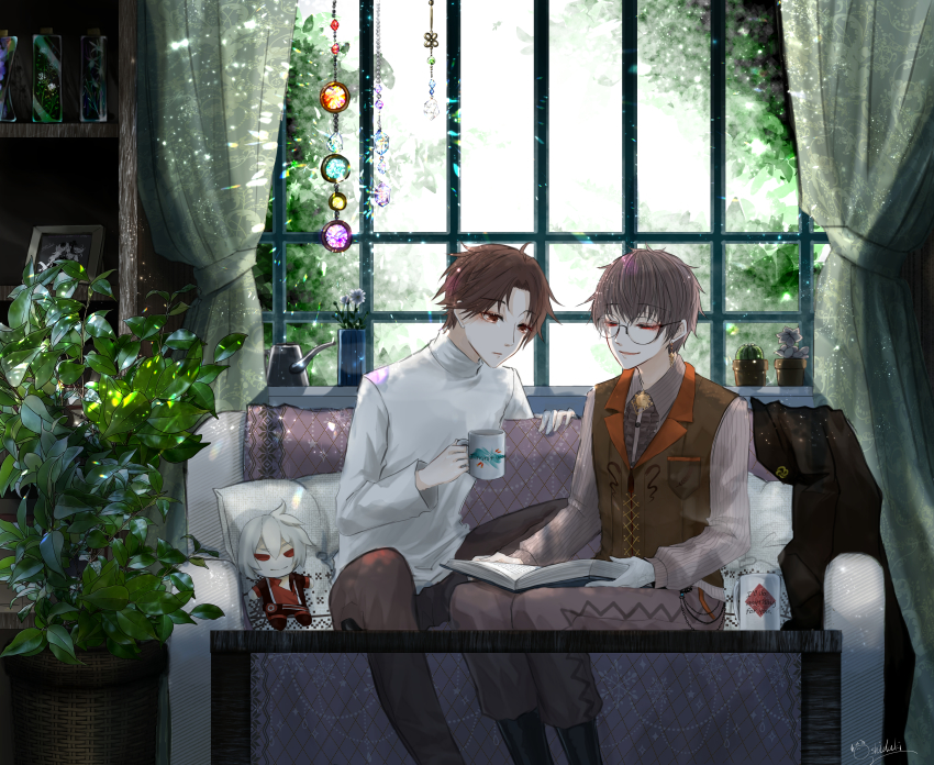 2boys, absurdres, artist_request, book, boston_lobster_(food_fantasy), brown_hair, character_doll, couch