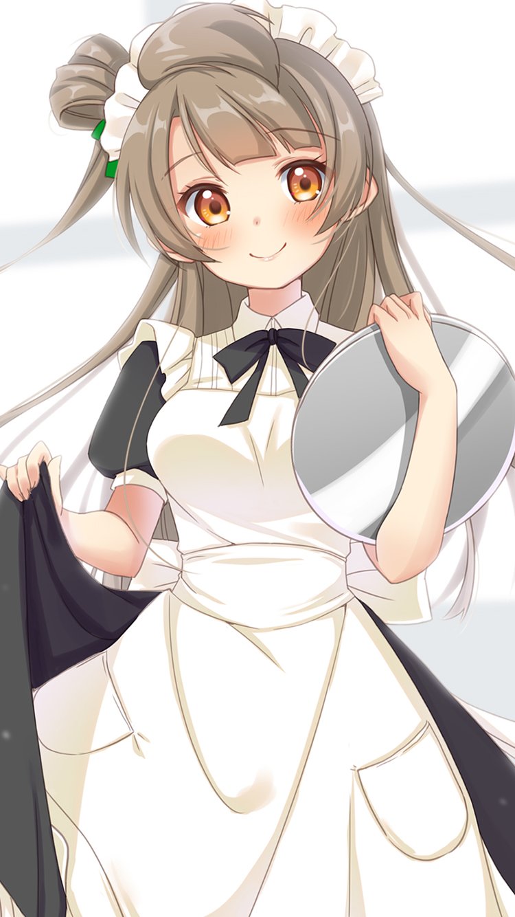 1girl, apron, artist_name, artist_request, back_bow, black_neckwear, blush, bow, breasts, brown_eyes, brown_hair, collared_dress, dress, female_focus, green_bow, grey_hair, hair_bow, highres, hiropao, holding, holding_plate, holding_unworn_clothes, light_brown_hair, long_hair, love_live!, love_live!_school_idol_festival, love_live!_school_idol_festival_all_stars, love_live!_school_idol_project, maid, maid_apron, maid_headdress, medium_breasts, minami_kotori, parted_lips, plate, puffy_short_sleeves, puffy_sleeves, short_sleeves, side_ponytail, skirt, smile, solo, white_apron, white_bow
