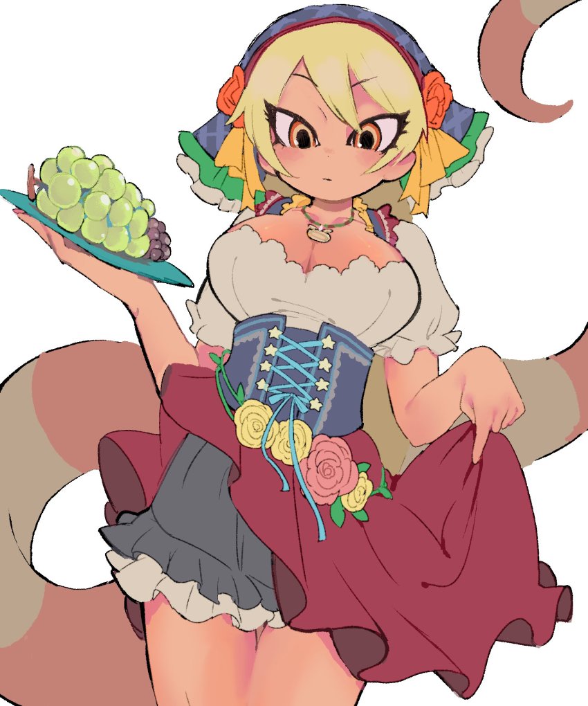 1girl, african_rock_python_(kemono_friends), apron, apron_lift, bad_id, bad_twitter_id, bare_arms, blonde_hair, blue_headscarf, breasts, cleavage, closed_mouth, clothes_lift, collarbone, corset, cowboy_shot, dark-skinned_female, dark_skin, dirndl, dress, expressionless, eyelashes, flower, food, frilled_dress, frilled_sleeves, frills, fruit, german_clothes, grapes, hair_ribbon, hands_up, headscarf, highres, igarashi_(nogiheta), jewelry, kemono_friends, kemono_friends_3, lifting_own_clothes, long_hair, looking_at_viewer, multicolored_eyes, official_alternate_costume, orange_eyes, pendant, plate, red_eyes, ribbon, shoes, short_dress, simple_background, snake_tail, solo, tail, tareme, thigh_gap, very_long_hair, very_long_tail, white_background