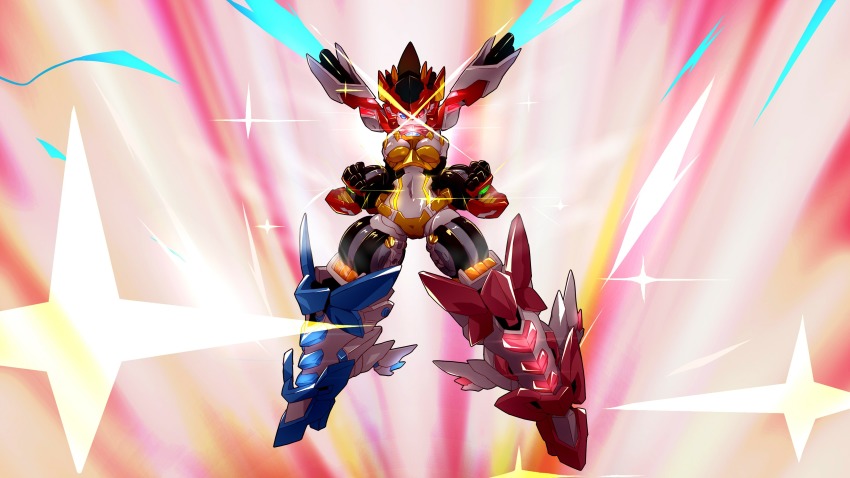 absurdres, big_firebird_toys, bingshan, blue_eyes, clenched_hands, gattai, glowing, glowing_eyes