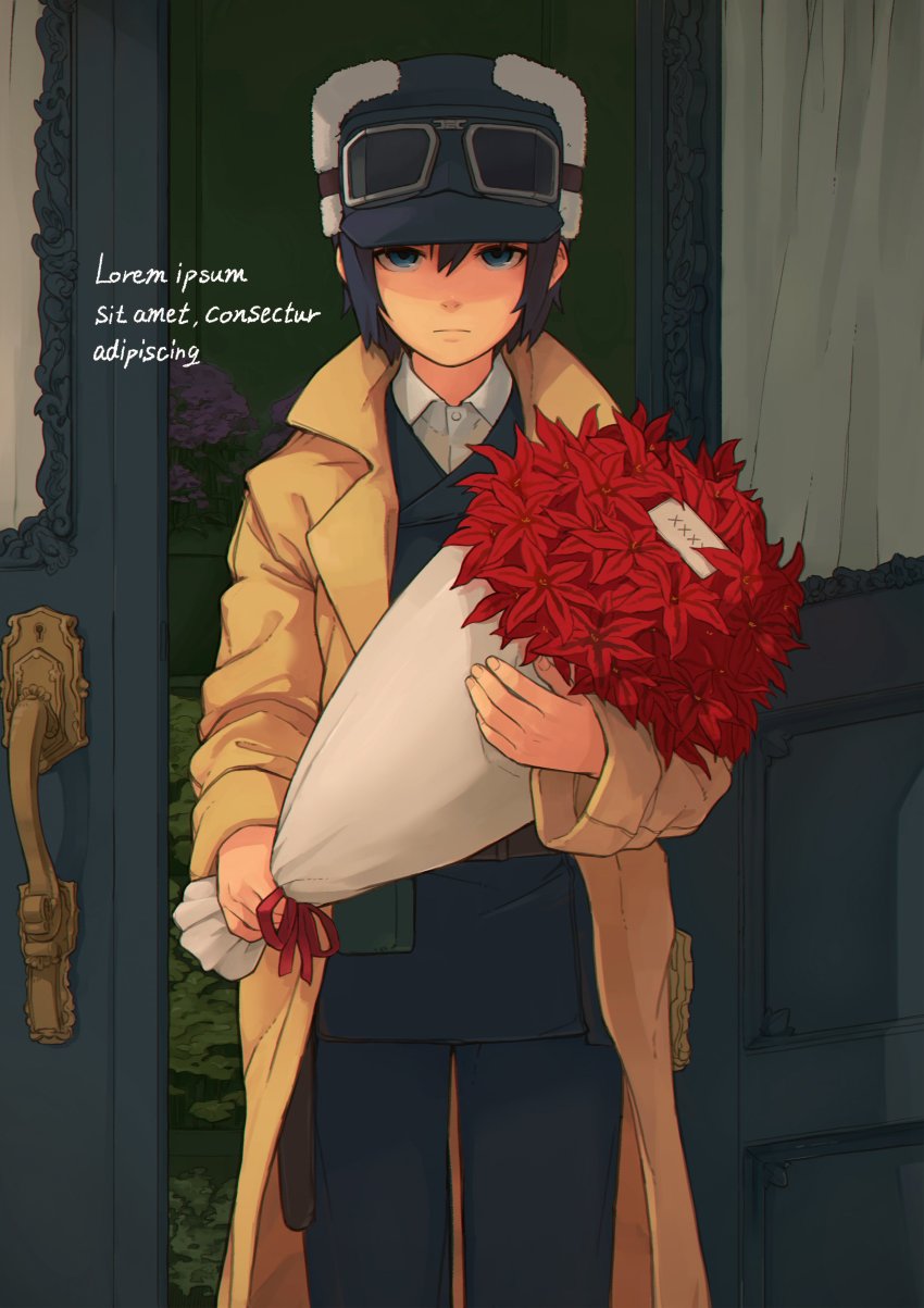 1girl, absurdres, black_hair, bouquet, coat, door, expressionless, female_focus