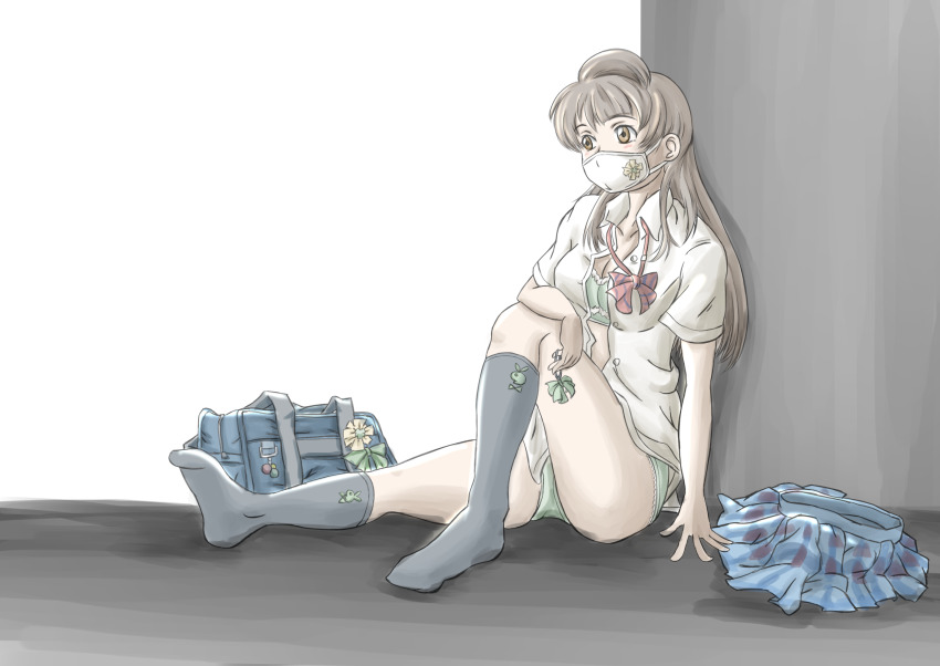 1girl, artist_name, artist_request, bare_legs, black_legwear, blue_skirt, blush, bow, bra, breasts, brown_eyes, cleavage, collarbone, collared_shirt, female_focus, full_body, grey_hair, highres, leg_up, long_hair, love_live!, love_live!_school_idol_project, mask, medium_breasts, minami_kotori, nakamoto_vic, open_clothes, open_mouth, otonokizaka_school_uniform, panties, ponytail, red_bow, red_neckwear, school_uniform, shirt, side_ponytail, sitting, skirt, solo, underwear, white_shirt