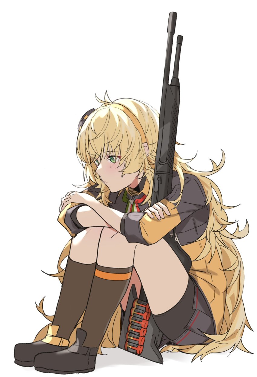 1girl, ammunition, aogisa, bad_id, bad_pixiv_id, black_shoes, blonde_hair, blush