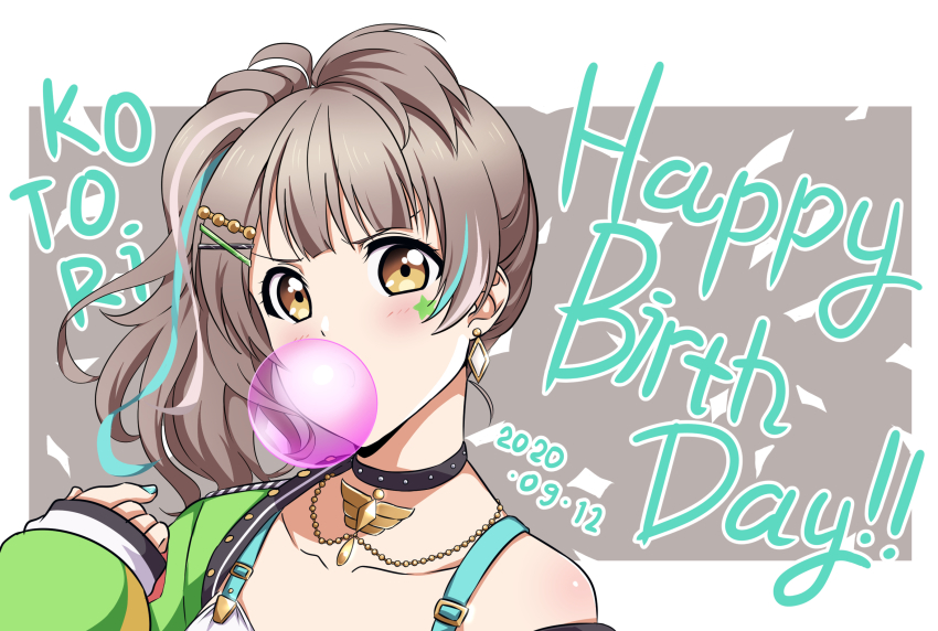 1girl, aqua_nails, artist_name, artist_request, bare_shoulders, black_collar, black_shirt, blush