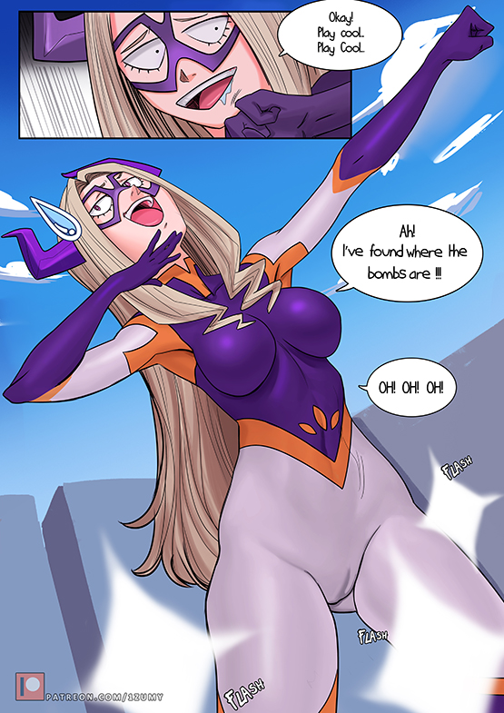 1girl, 1zumy, bent_over, bird, blonde_hair, blush, bodysuit, breasts, bulge, cameltoe, comic, english_text, giant, giantess, holding, horns, large_breasts, long_hair, lump, mask, mount_lady, one_eye_closed, skin_tight, speech_bubble, swallow_(bird), throat_bulge, tongue, vore, wink