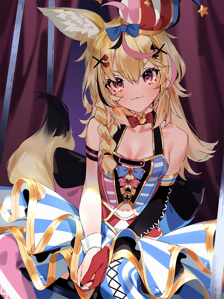 1girl, :3, ahoge, animal_ear_fluff, animal_ears, asymmetrical_sleeves, bare_shoulders, blonde_hair