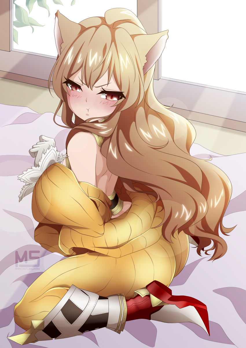 1girl, absurdres, aisaka_taiga, animal_ears, annoyed, ass, bare_shoulders, bed, blonde_hair, blush, bodysuit, brown_eyes, cosplay, gloves, highres, long_hair, looking_at_viewer, miike-san, nia_(xenoblade), nia_(xenoblade)_(cosplay), nintendo, pout, sitting, solo, toradora!, very_long_hair, wariza, xenoblade_chronicles_(series), xenoblade_chronicles_2