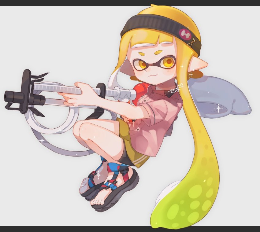 1girl, artist_name, bad_id, bad_twitter_id, bike_shorts, black_headband, black_sandals, black_shorts, blunt_bangs, closed_mouth, collared_shirt, commentary, double_vertical_stripe, floating, goo_tuber_(splatoon), gradient_hair, green_hair, grey_background, headband, highres, holding, holding_weapon, inkling, inkling_girl, inkling_player_character, legs_up, letterboxed, long_hair, looking_at_viewer, miniskirt, multicolored_hair, nintendo, orange_eyes, orange_hair, orange_skirt, pink_shirt, pointy_ears, sabamyon, sabata_saba, sandals, shirt, shorts, shorts_under_skirt, signature, simple_background, skirt, smile, solo, sparkle, splatoon_(series), splatoon_2, sports_sandals, tentacle_hair, weapon