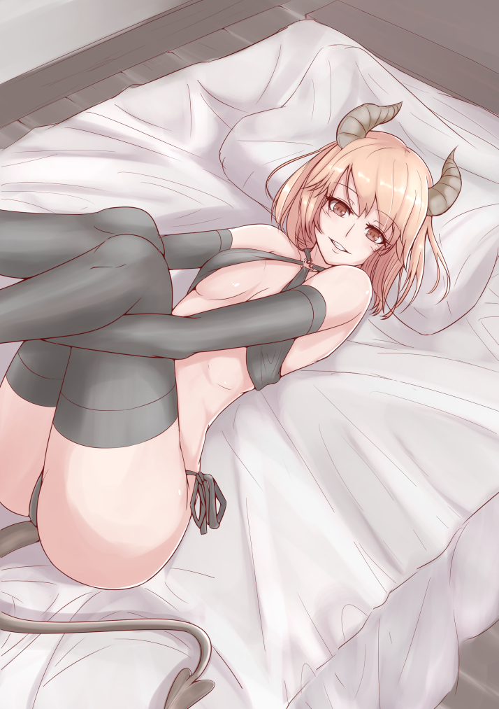 1girl, bed, bed_invitation, black_thighhighs, breasts, breasts_apart, brown_eyes, demon_girl