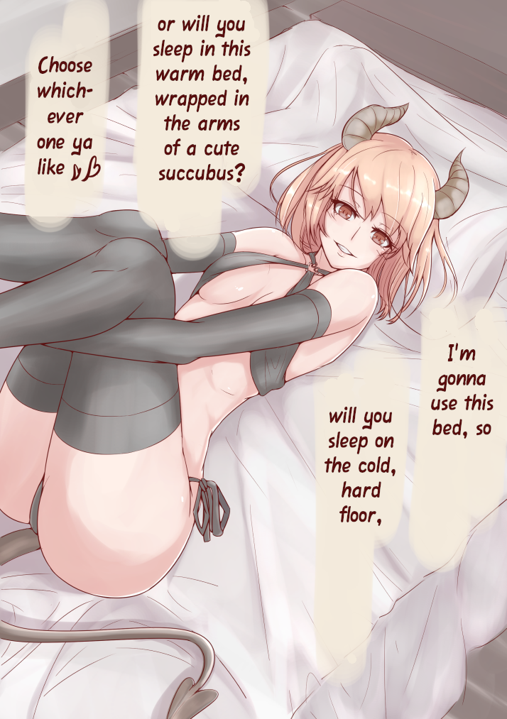 1girl, bed, bed_invitation, black_thighhighs, breasts, breasts_apart, brown_eyes, demon_girl, demon_horns, demon_tail, elbow_gloves, english_text, from_above, gloves, grin, hard-translated, heart, horns, hugging_own_legs, indoors, legs_together, looking_at_viewer, lying, medium_hair, on_back, on_bed, orange_hair, original, panties, pillow, side-tie_panties, small_breasts, smile, solo, speech_bubble, spoken_heart, tail, thighhighs, third-party_edit, translated, underwear, z_umeshi