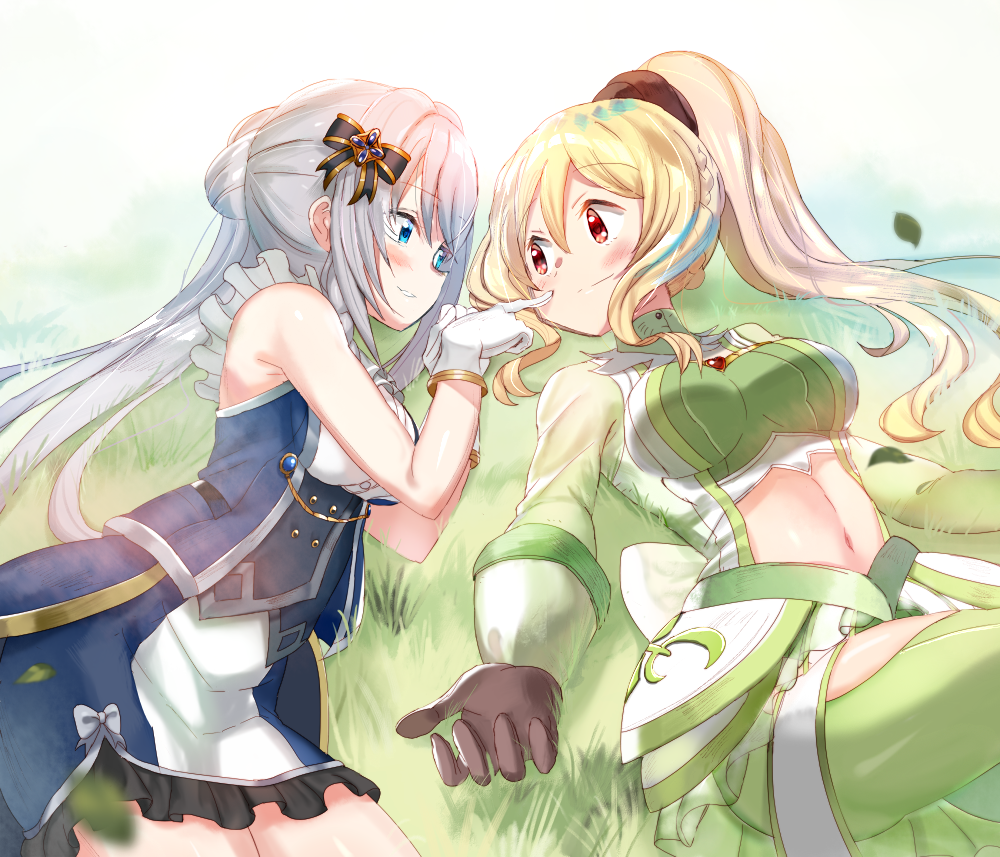 2girls, armpit_crease, bare_arms, bare_shoulders, black_gloves, black_ribbon, black_scrunchie, blonde_hair