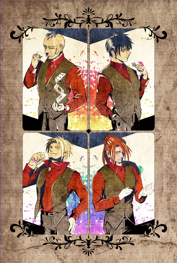 4boys, black_hair, brothers, card, colored_skin, darren_shan, gannen_harst, green_hair