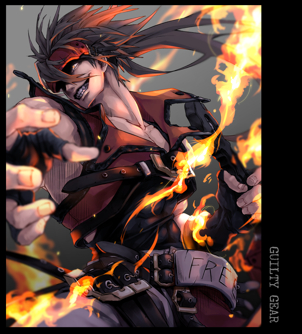 1boy, bare_pectorals, bare_shoulders, belt, belt_buckle, black_gloves, blurry, blurry_foreground