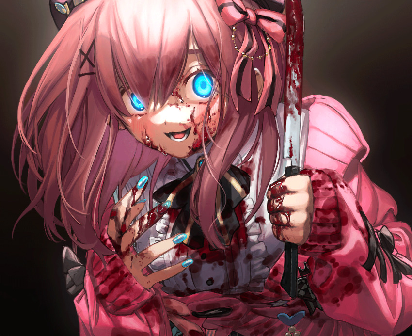 1girl, :3, :d, black_background, black_bow, black_bowtie, blood, blood_on_face