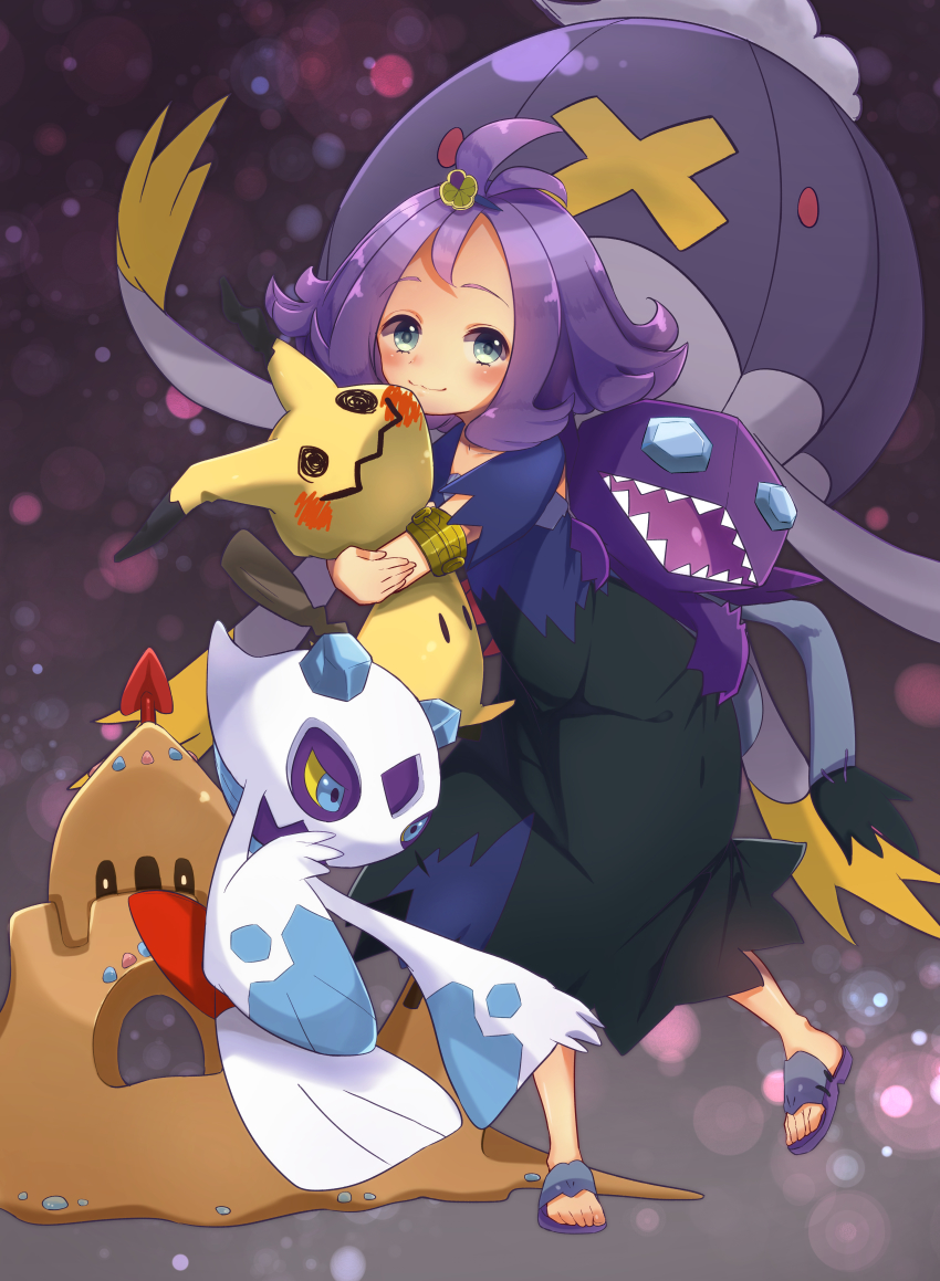 1girl, :d, absurdres, acerola_(pokemon), ahoge, animal, armlet, black_skirt, blue_eyes, colored_sclera, drifblim, froslass, gen_3_pokemon, gen_4_pokemon, gen_7_pokemon, highres, holding, holding_animal, hug, huge_filesize, jewelry, medium_hair, mimikyu, nintendo, open_mouth, palossand, pokemon, pokemon_(creature), pokemon_sun_and_moon, pokemon_team, red_eyes, ronmeru, sableye, sandals, skirt, smile, standing, teeth, yellow_sclera