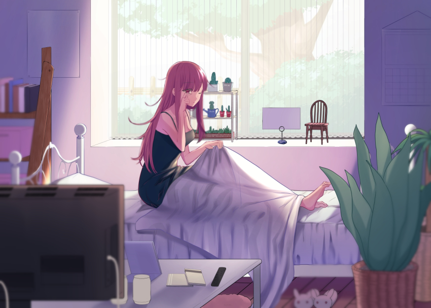 1girl, animal_slippers, barefoot, bed, black_skirt, book, bookshelf, breasts