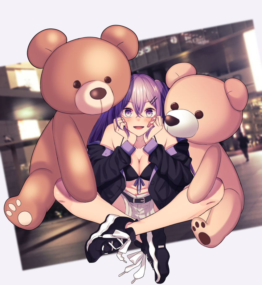 1girl, :d, bear, belt, black_footwear, black_jacket, blush, breasts