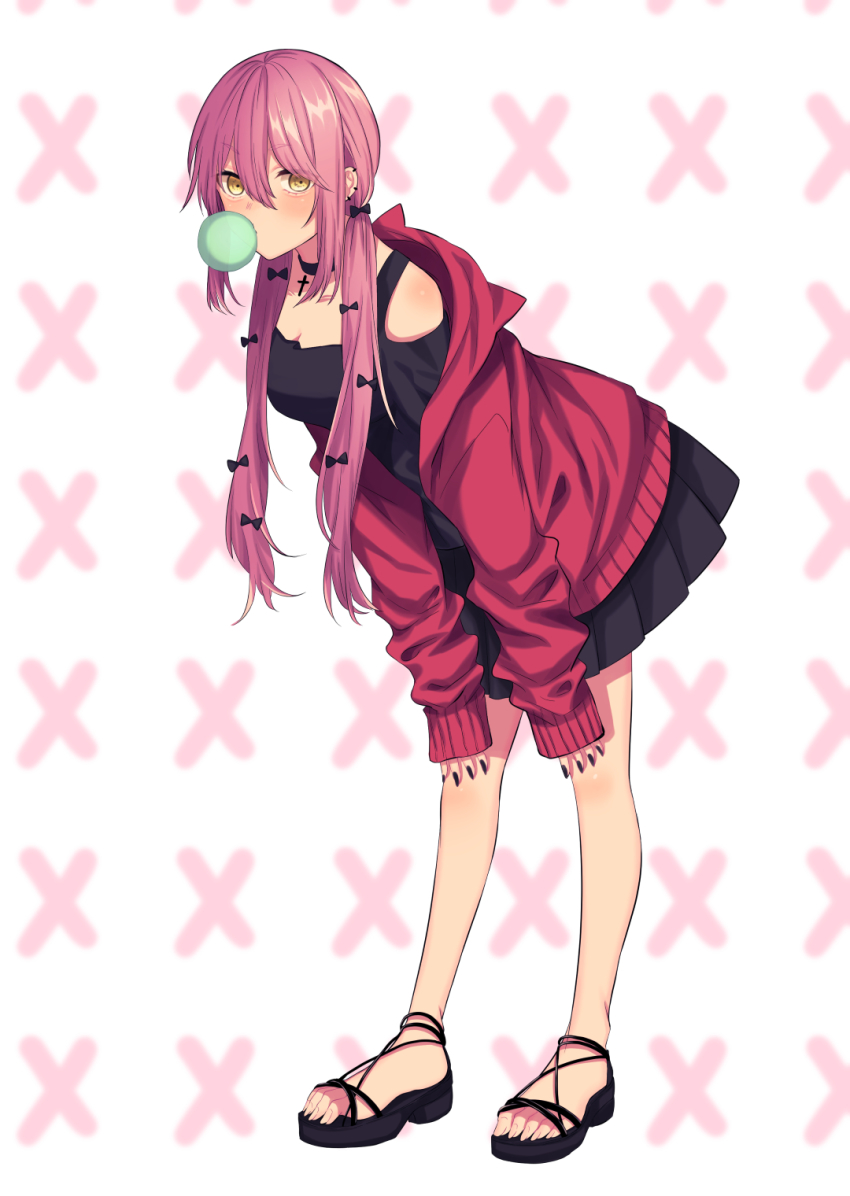 1girl, black_bow, black_choker, black_nails, black_skirt, blowing_bubble_gum, blowing_bubbles, bow