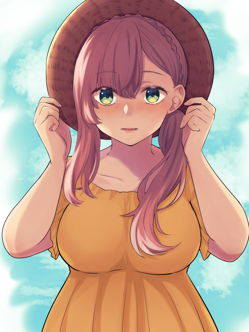 1girl, braid, breasts, day, dress, green_eyes, hands_up, hat