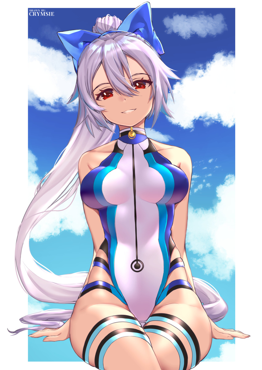 1girl, absurdres, artist_name, bare_shoulders, blue_bow, blue_one-piece_swimsuit, blue_sky, border