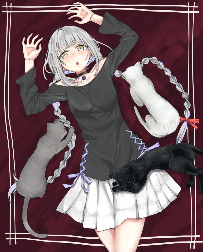 1girl, arms_up, black_cat, black_choker, black_shirt, blush, bow, braid