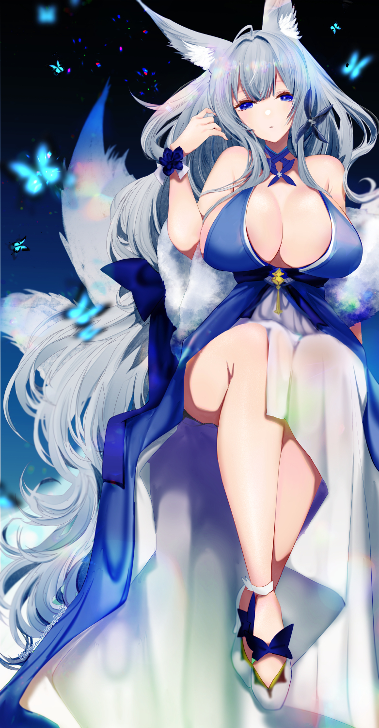 1girl, alternate_costume, animal_ear_fluff, animal_ears, azur_lane, bare_shoulders, blue_butterfly, blue_dress
