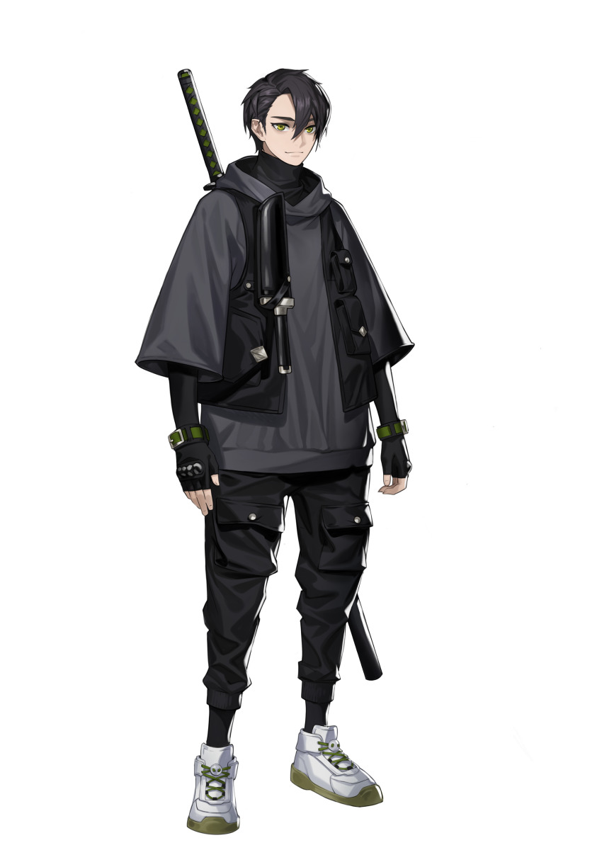 1boy, absurdres, black_gloves, black_hair, black_legwear, black_pants, closed_mouth, commentary_request