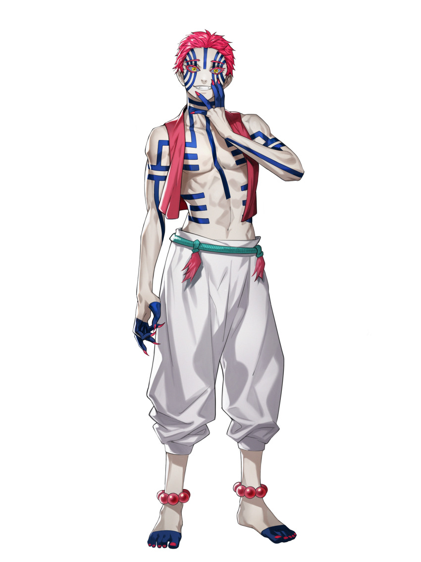 1boy, absurdres, akaza_(kimetsu_no_yaiba), anklet, arm_at_side, bead_anklet, beads, blue_sclera