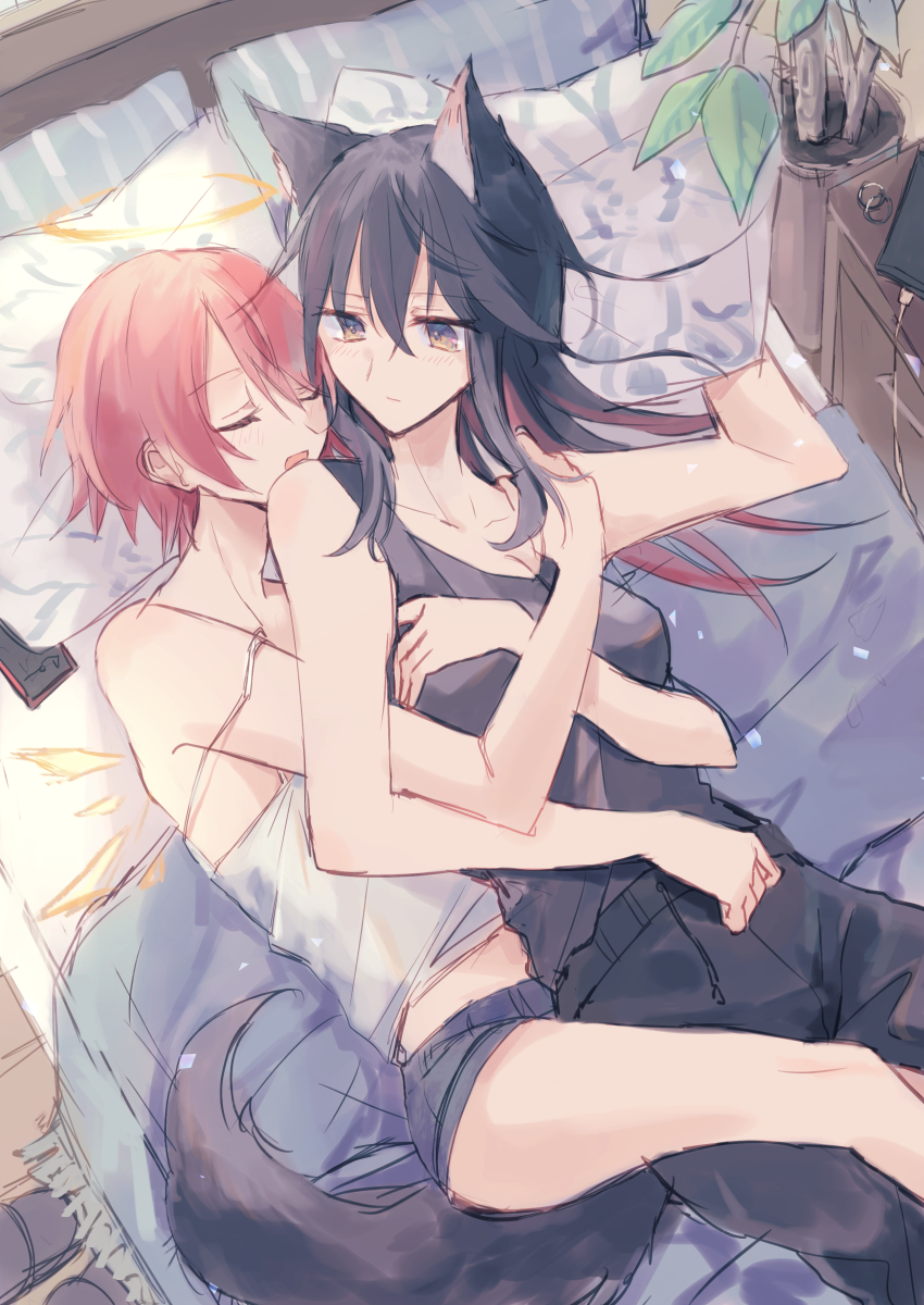 2girls, absurdres, animal_ear_fluff, animal_ears, arknights, bed, bed_sheet, black_hair, charging_device, exusiai_(arknights), hair_between_eyes, hair_over_one_eye, halo, highres, hug, long_hair, matsuzaka_(matsuzakagyu_29), multiple_girls, off_shoulder, pillow, plant, red_hair, short_hair, short_shorts, shorts, sleeping, tail, tank_top, texas_(arknights), wings, wolf_ears, wolf_tail