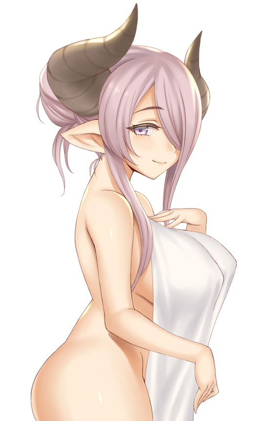 1girl, breasts, covering_privates, cowboy_shot, draph, from_side, granblue_fantasy, hair_over_one_eye