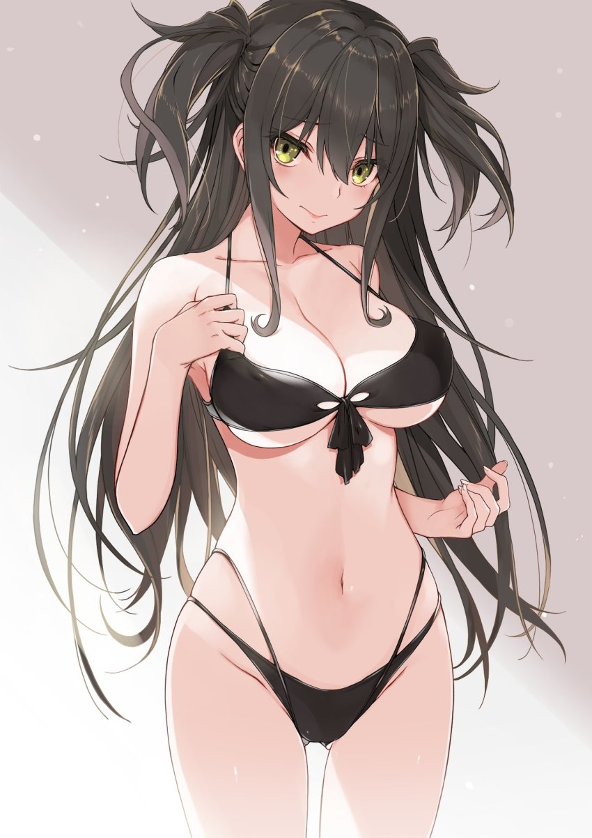 1girl, bare_arms, bare_shoulders, bikini, black_bikini, black_bra, black_hair, black_panties