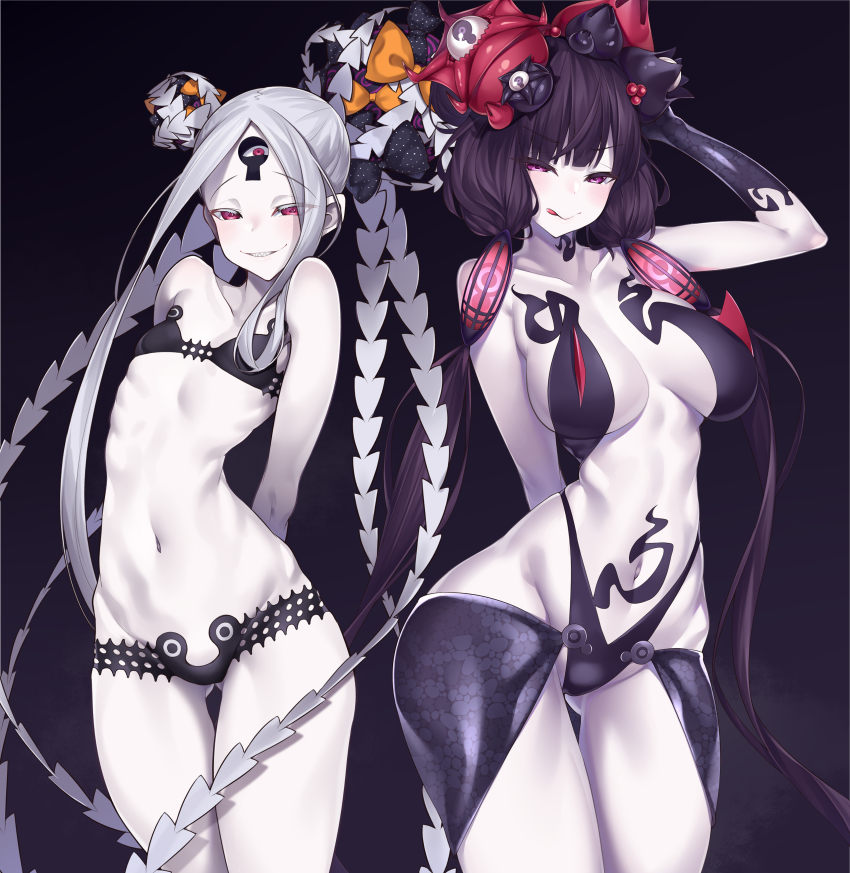 2girls, abigail_williams_(fate), abigail_williams_(swimsuit_foreigner)_(fate), abigail_williams_(swimsuit_foreigner)_(first_ascension)_(fate), absurdres, arms_behind_back, bare_shoulders, bikini, black_bikini, black_bow, blush, bow, breasts, collarbone, colored_skin, commentary_request, double_bun, fate/grand_order, fate_(series), flat_chest, forehead, gluteal_fold, grin, hair_bun, hair_ornament, hat, heart, highleg, highleg_bikini, highres, katsushika_hokusai_(fate), katsushika_hokusai_(third_ascension)_(fate), keyhole, large_breasts, licking_lips, long_hair, looking_at_viewer, micro_bikini, multiple_bows, multiple_girls, navel, orange_bow, pale_skin, parted_bangs, pink_eyes, purple_eyes, purple_hair, sharp_teeth, sidelocks, smile, swimsuit, teeth, thighs, third_eye, tongue, tongue_out, very_long_hair, watosu, white_hair, white_skin
