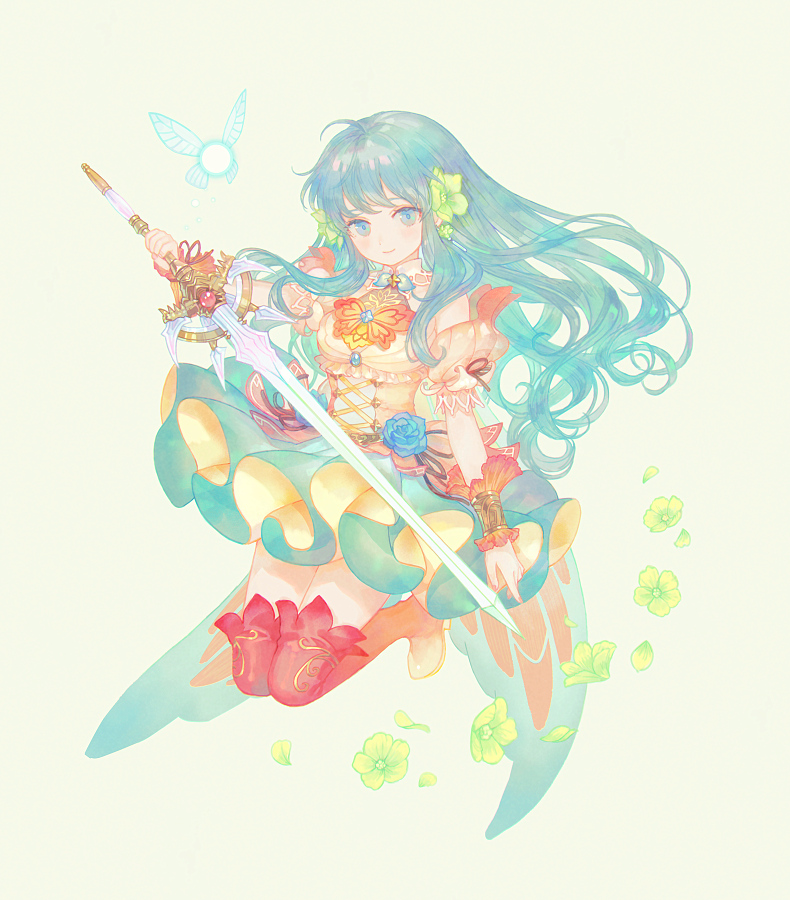 1girl, 21_(nijuichinichi), aqua_hair, blue_eyes, boots, closed_mouth, eirika_(fire_emblem), eirika_(resplendent)_(fire_emblem), fire_emblem, fire_emblem:_the_sacred_stones, fire_emblem_heroes, flower, full_body, hair_flower, hair_ornament, holding, holding_sword, holding_weapon, long_hair, nintendo, petals, smile, solo, sword, thigh_boots, thighhighs, weapon